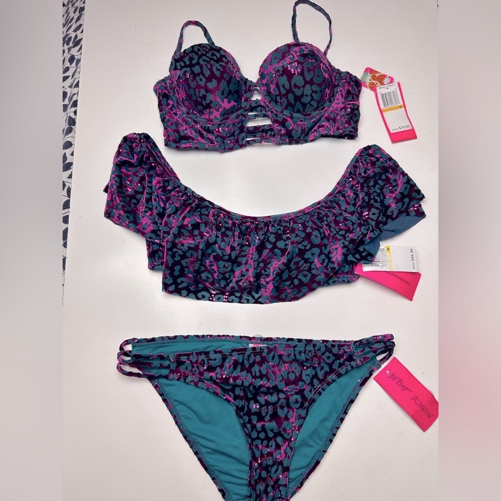 Betsey Johnson Lot 3:Metallic Pink Leopard Wild Instinct 2 Tops & Bottom NWT S/M